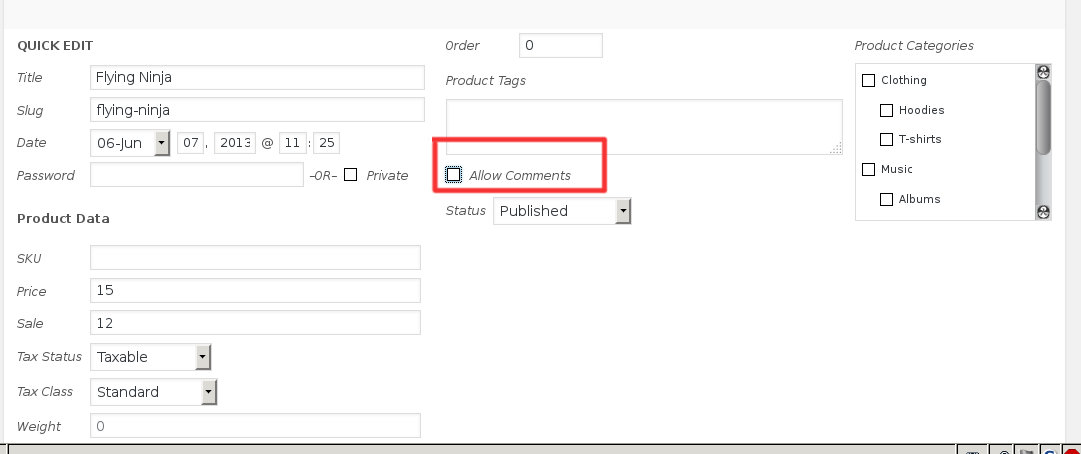 WooCommerce Product Quick Edit - Removing comments