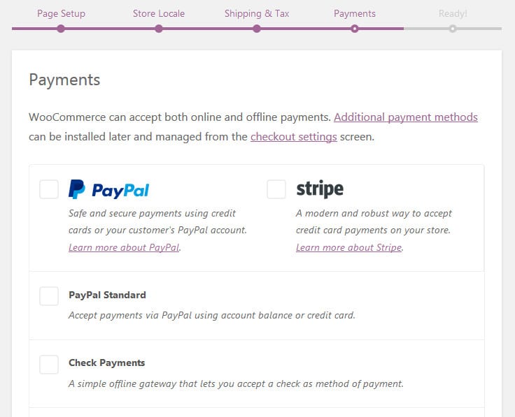 WooCommerce Setup Wizard - Payment options configuration