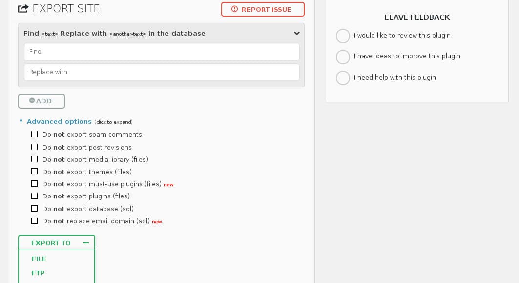 All-in-One WP Migration Export Options Expanded