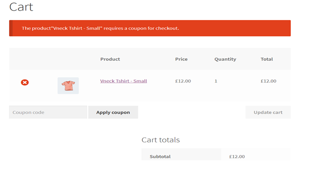 Screenshot of woocommerce checkout when trying to add a product that requires coupon