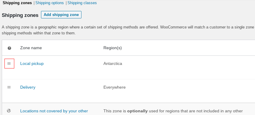 Screehshot of shipping zone settings