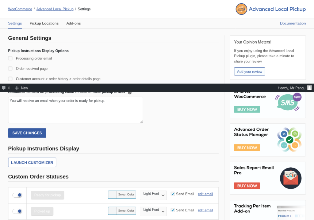 Screehshot of "advanced local pickup" plugin settings