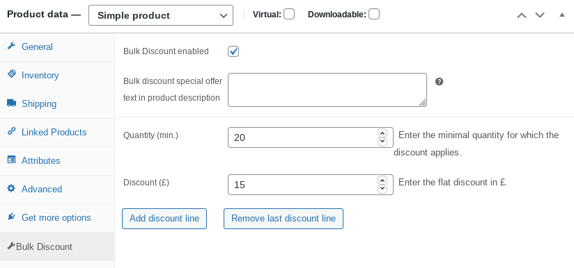 product edit screen for bulk discount