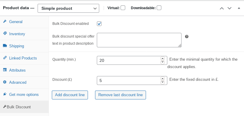 product edit screen for bulk discount