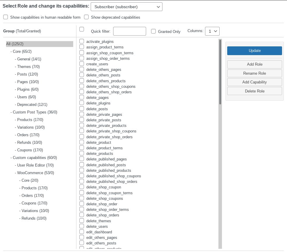 User Role Editor settings screenshot