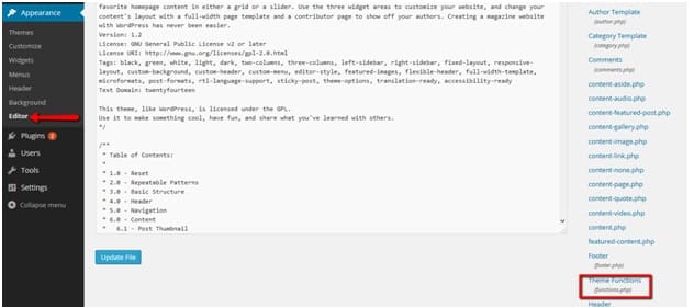 WordPress theme editor functionsphp file